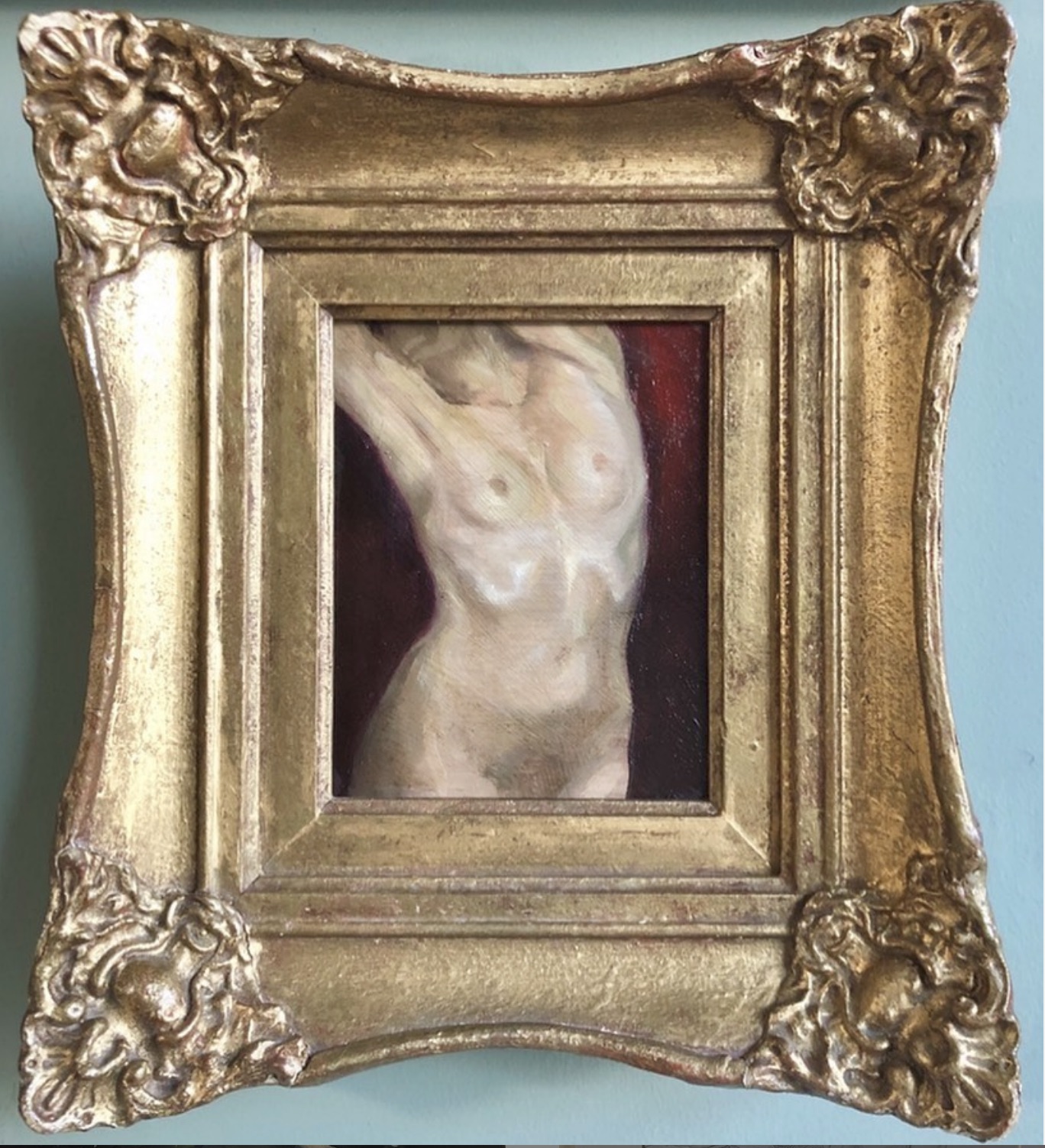 Female torso, by Jack Ford, oil on board 24 x 22cm with integral gilt frame